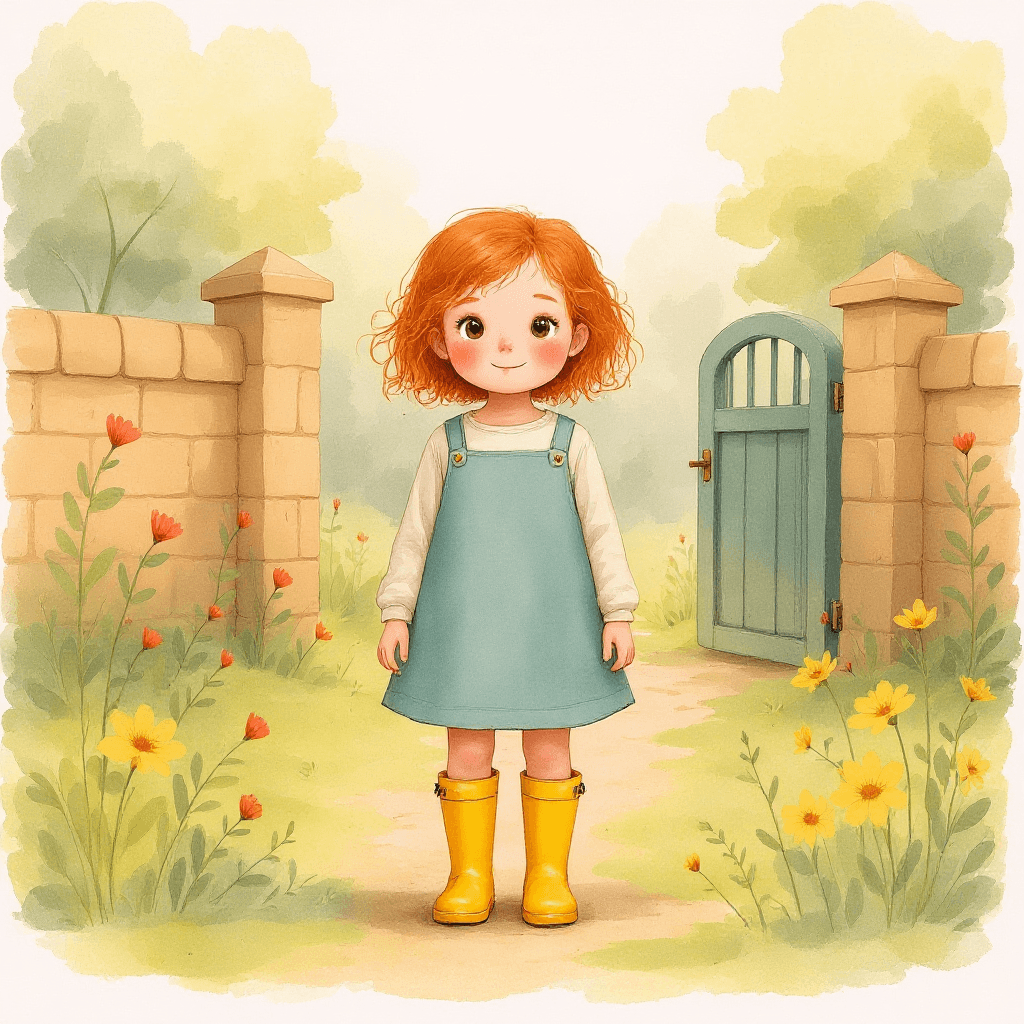 Emma in yellow wellingtons at the end of a walled garden, a small green gate half-hidden behind rose bushes